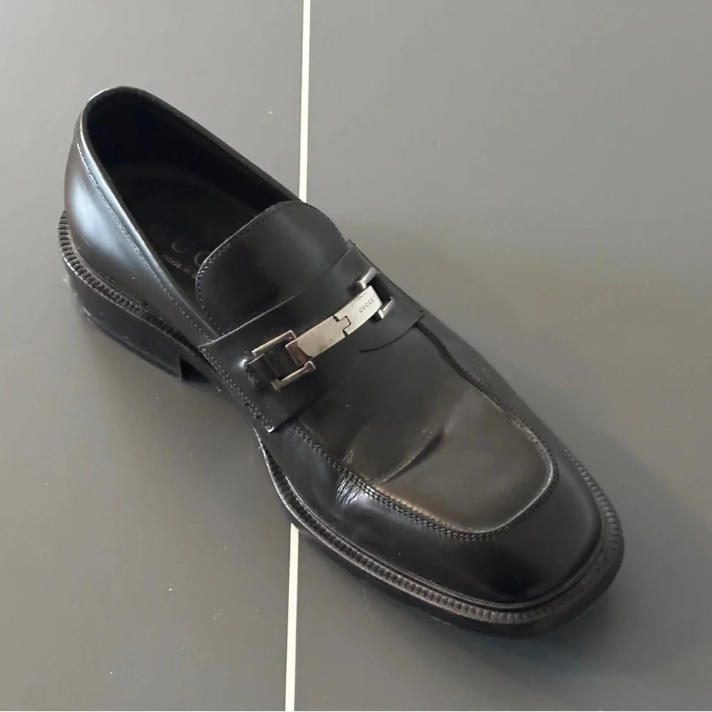 Gucci Black Leather Slip-On Loafers with Silver Horsebit